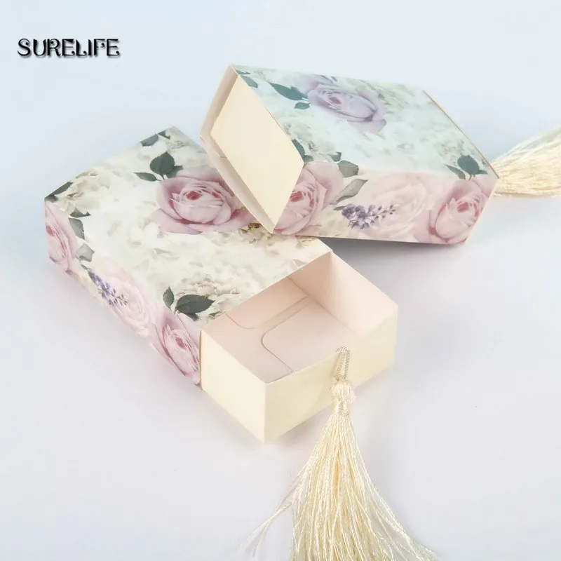 

100pcs/lot Floral Candy Gift Box Drawer Design Party Favor Boxes Craft Paper Box with Tassel for Pulling
