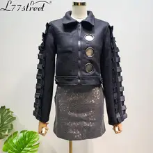 L77street/Зимний Высокий пояс с отверстиями, вязанный рукав, черный толстый композитный шерстяной пиджак