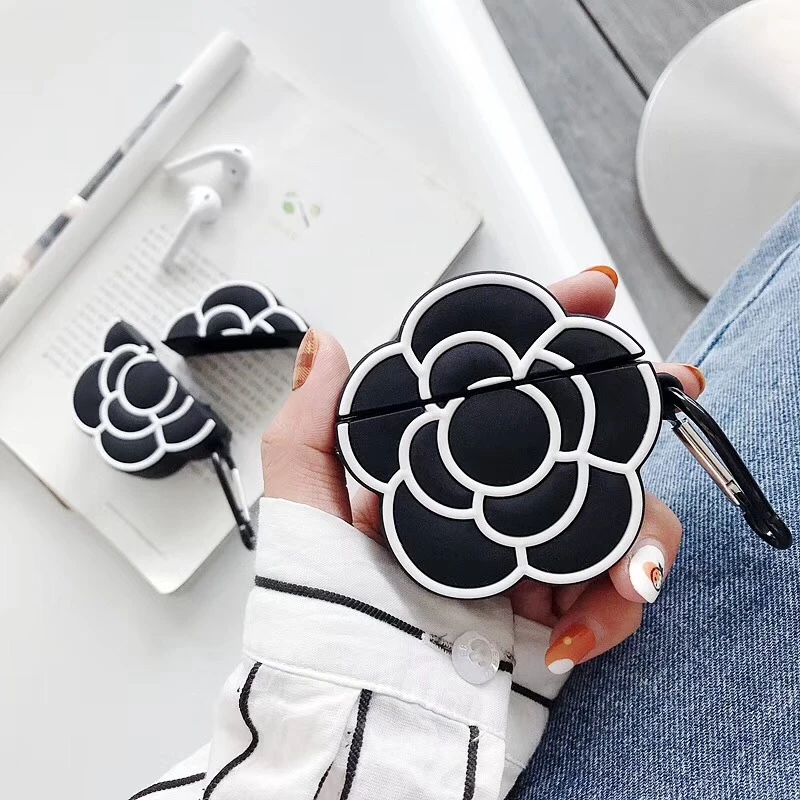 Case for AirPods Cartoon Earphone Cases Apple 1 2 Cute Accessories Protect Cover with Keychain Black Camellia Design | Электроника