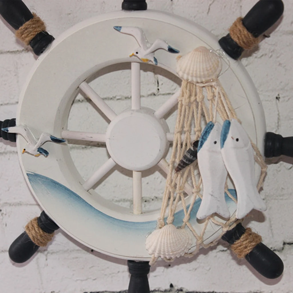 Wood Ship Wheel Nautical Seaside Wall Hanging Hook Nautical Door Plaque Signs for Home Garden Room Wall Decor Cafe Shop Ornament