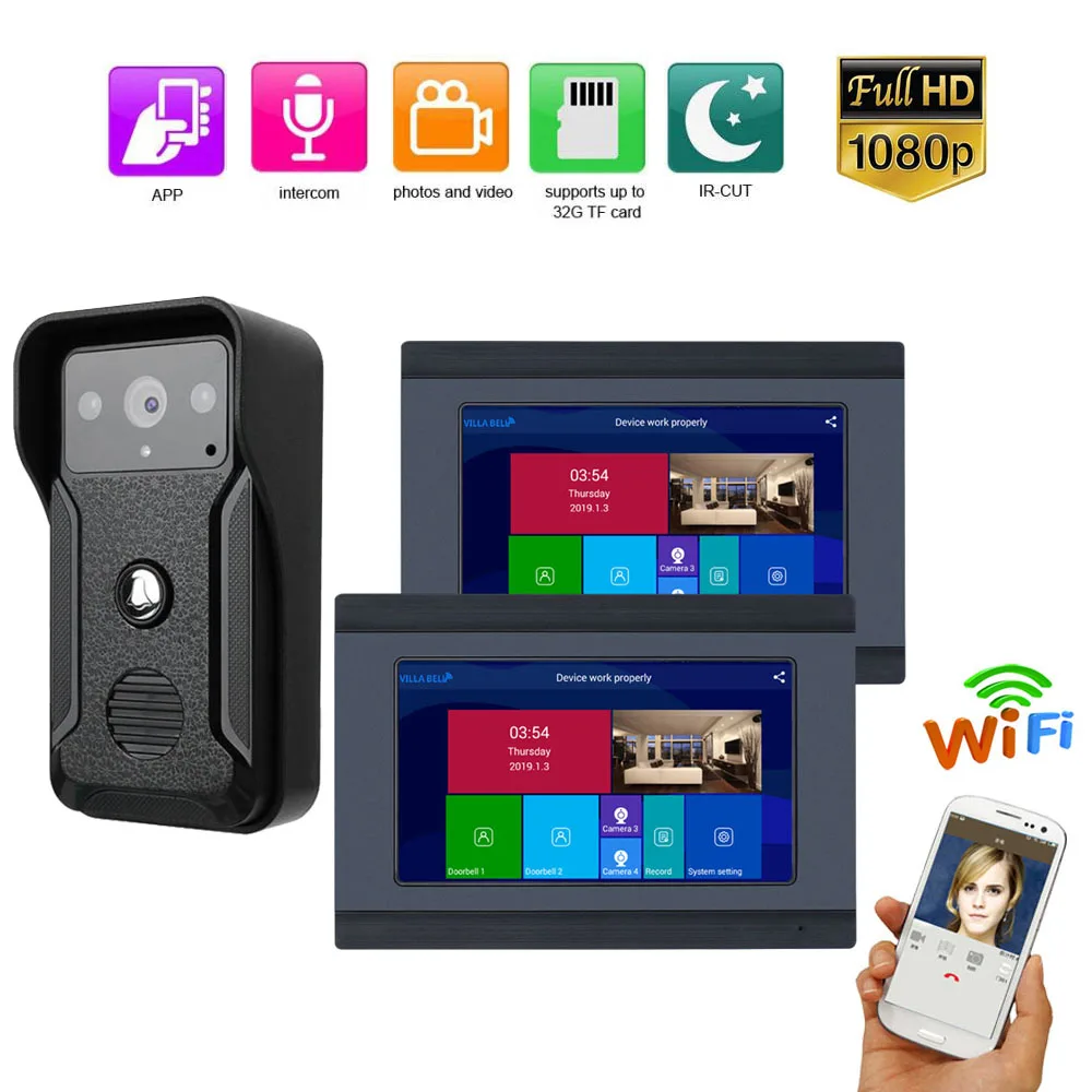 Wireless/Wired Wifi IP Video Door Phone Doorbell Intercom Entry System 1080P Camera 2 Monitor 7 inch Aluminum Alloy Wired Camera