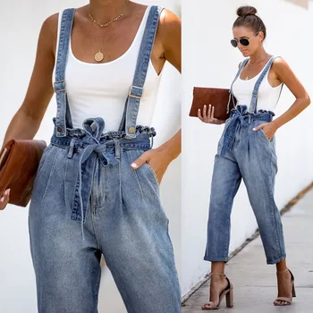 

2020 Spring and Autumn Tie-Waist Denim Pants Women's Clothing Full Length Vintage High Waist Overalls for Women