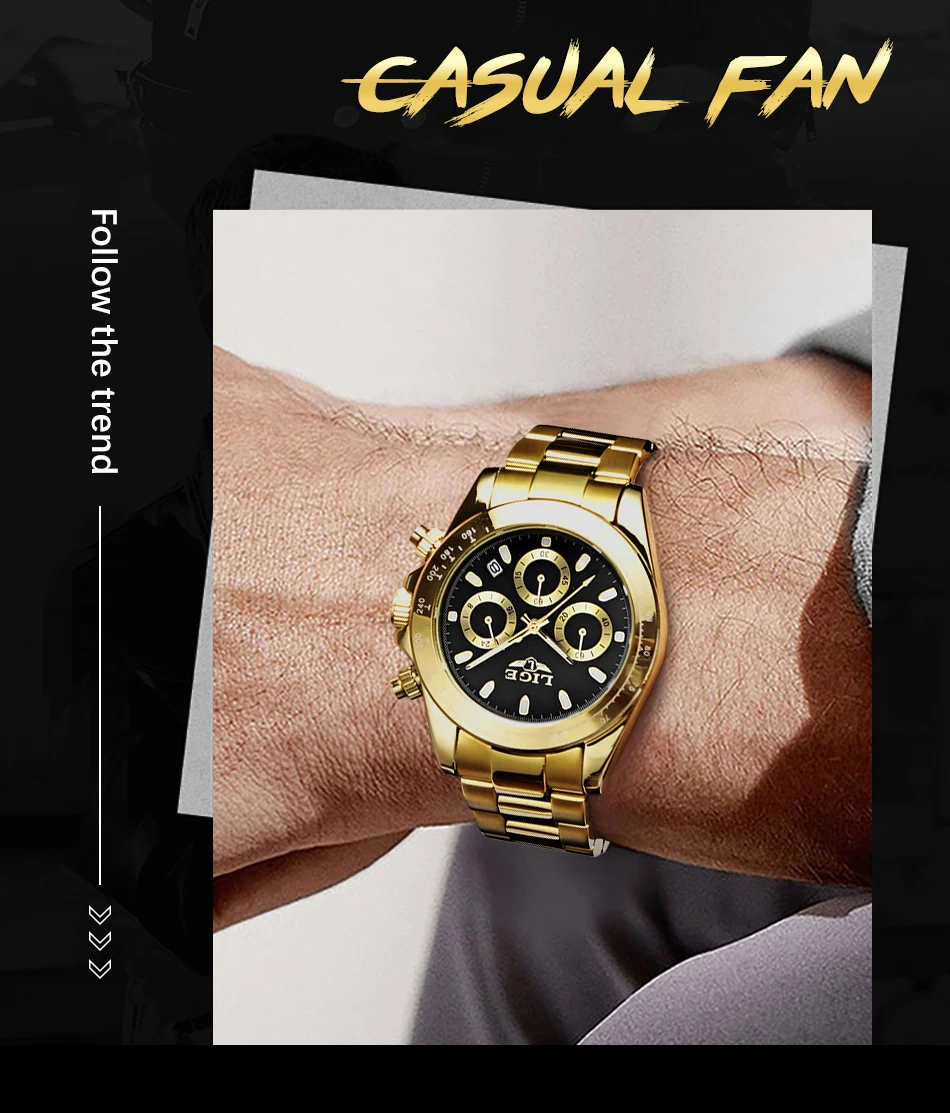 2022 LIGE Military Sport Mens Watches Top Brand Luxury Gold Quartz Watch For Men Stainless Steel Waterproof Clock Men's Watch