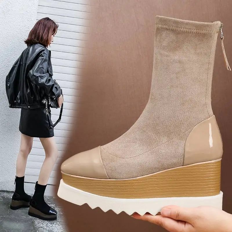 comfortable flock square toe wedges mid-calf boots casual lace up runway strech platform boots increased women winter shoes L08