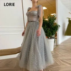 LORIE Silver Prom Dresses 2021 Sweetheart Gliiter Arabic Evening Gown Tea Length Adjustable Straps Belt  Wedding Party Dress