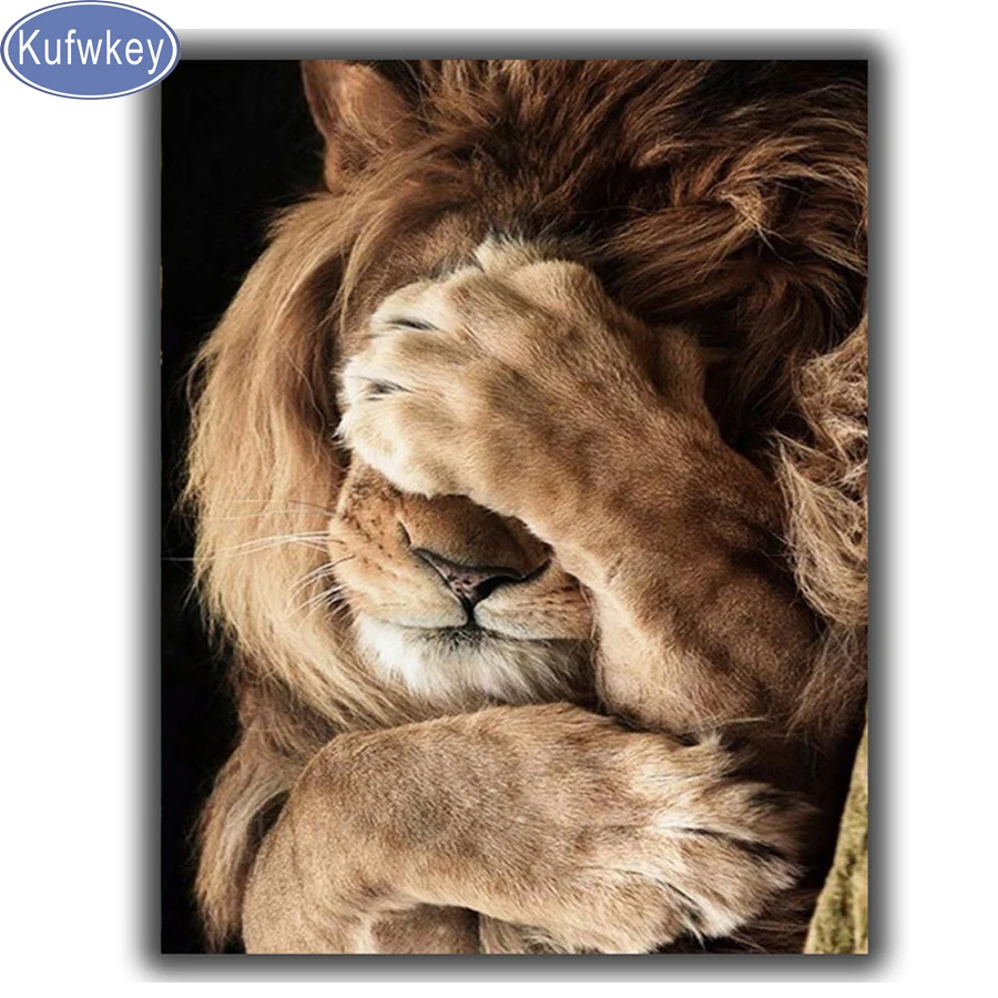 Алмазная картина Kufwkey с изображением Льва, вышивка крестиком, застенчивый лев, Алмазная мозаика, стразы, полная квадратная Алмазная вышивка с животными