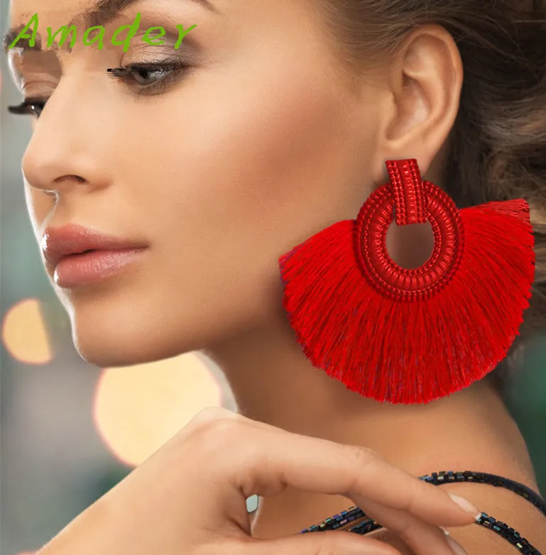 

Fashion Bohemian Big Drop Earrings Statement Red Tassel Vintage Silk Fabric Dangle Earring For Women Jewelry Oorbellen boho 2019