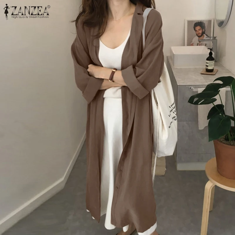 M 5XL ZANZEA женский однотонный кардиган Весенняя Блузка Повседневная Длинная рубашка с длинным рукавом Vestidos Женская сорочка Туника Топы Blusas Chemise