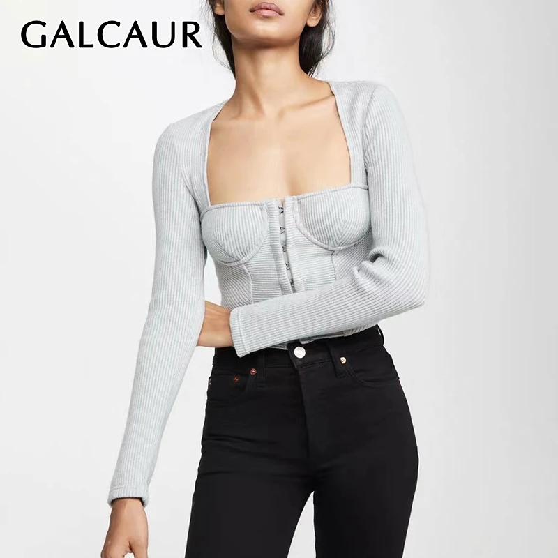 GALCAUR Korean Sexy Patchwork Sweater Women Square Collar Long Sleeve Short Knitted Sweaters Female 2020 Spring Fashion Clothes | Женская