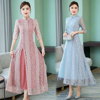 

2020 lace mesh female evening party gown elegant bridesmaid dress vestidos improved embroidery cheongsam qipao women aodai