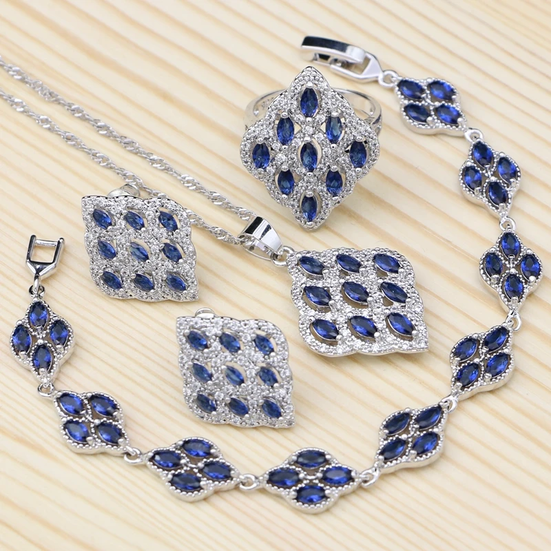 Blue Stones Jewelry Sets Of Silver 925 For Women Square Accessories Ring/Bracelet/Necklace/Pendant/Stud Earrings Set | Украшения и