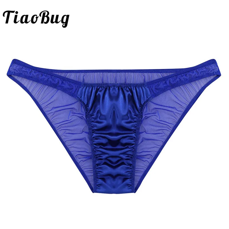 

TiaoBug Men Underwear Soft Breathable Sheer Mesh Lingerie Shiny Ruffle Bikini Briefs Sissy Panties Gay Swimwear Male Underpants