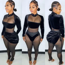 

NEW 2022 Spring Women Fall Long Sleeve Hollow Out Crop Top Drawstring Irregular Mini 2 Pieces Set Bodycon Sexy Streetwear Club