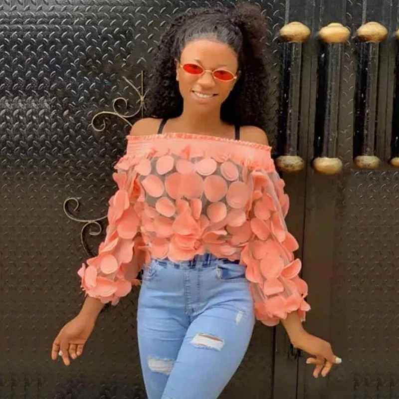 

Pink color sexy see through chiffon blouse women slash neck full sleeve tops autumn new fashion sweet chiffon blouse 6052