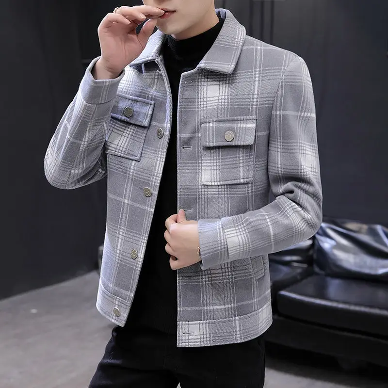 

2021 Autumn Winter Men's New Woolen Plaid Short Jackets Male Casual Slim Coats Ladies Imitation Mink Velvet Trench Outwear O627