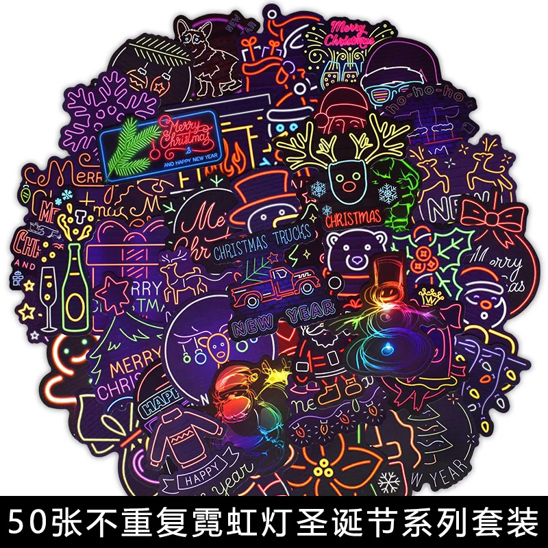 Neon Christmas 50pcs Neon Christmas Stickers Doodles Laptop Luggage Car Stationery Stickers Colorful Line Drawing Merry Christmas Ornaments - Цвет: Neon Christmas