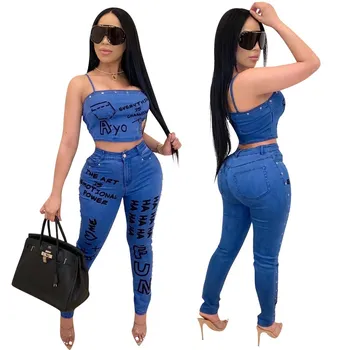 

Adogirl New Letter Print Fake Jean Women Set Rivet Crop Top Jogger Sweatpants Two Pieces Set Tracksuits Casual Streetwear