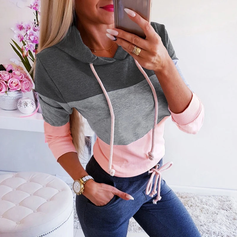 

Women Sweatshirt Color Block Splicing Hooded Neckline Long Sleeve Ribbed Slim Casual Hoodie Spring Autumn Pullover Tops Female