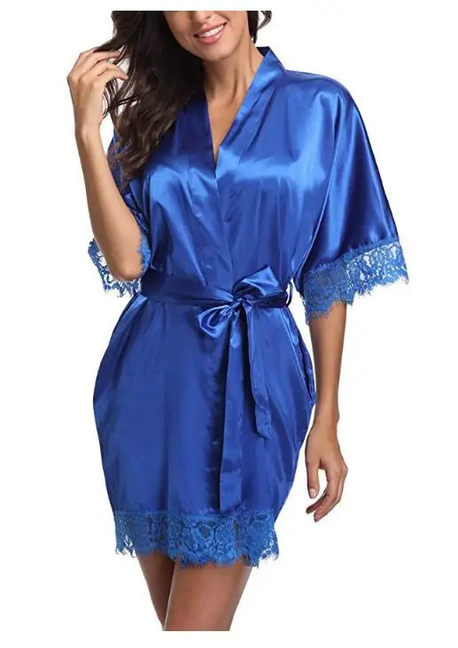 Hot White Women Silk Lace Robes Wedding Bridesmaid Bride Gown kimono Solid robe Sleepwear Nightgown Bridesmaid Robes size M-XL - Цвет: royalblue