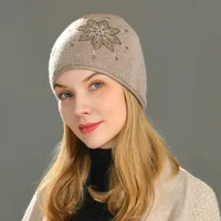 New Cashmere Beanie Hat Snowflake  Rhinestone Winter Cap For Woman Solid Color Warm Hat 1
