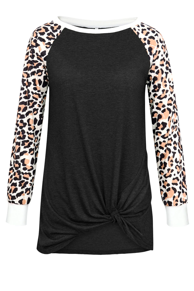 black t shirt Леопардовое Принт Футболка Сращивание Лоскутный Одноцветный Сплошной Цвет Реглан Длинный Рукав Футболка Харадзюку Уличный Стиль Xxl Женщина Скручивание Перед Топ Круглый Воротник Футболка Майка Черный Зеленое Розовое - Цвет: black t shirt