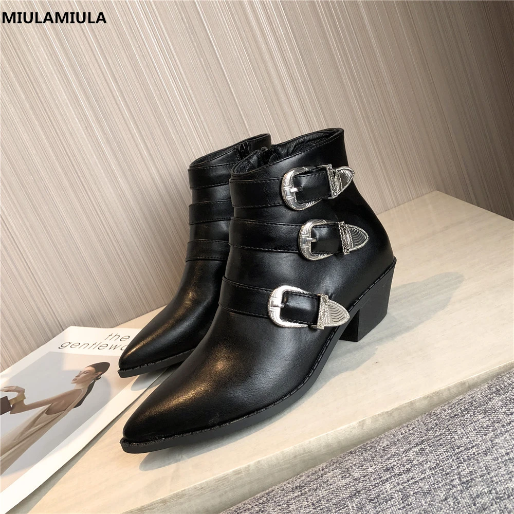 MIULAMIULA Brand Designer Winter New Luxury Metal Buckle Genuine Leather Platform Shoes Lady Short Ankle Boots Zipper 35-40