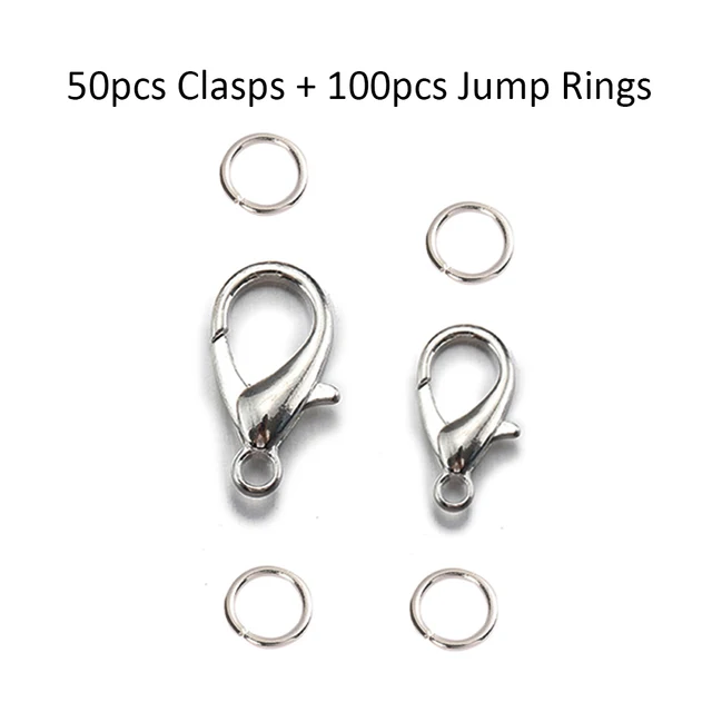 50sets 10/14mm Lobster Clasps Jump Rings for Bracelet Necklace Hooks Chain Closure Keychain End Connector DIY Jewelry Making Rhodium