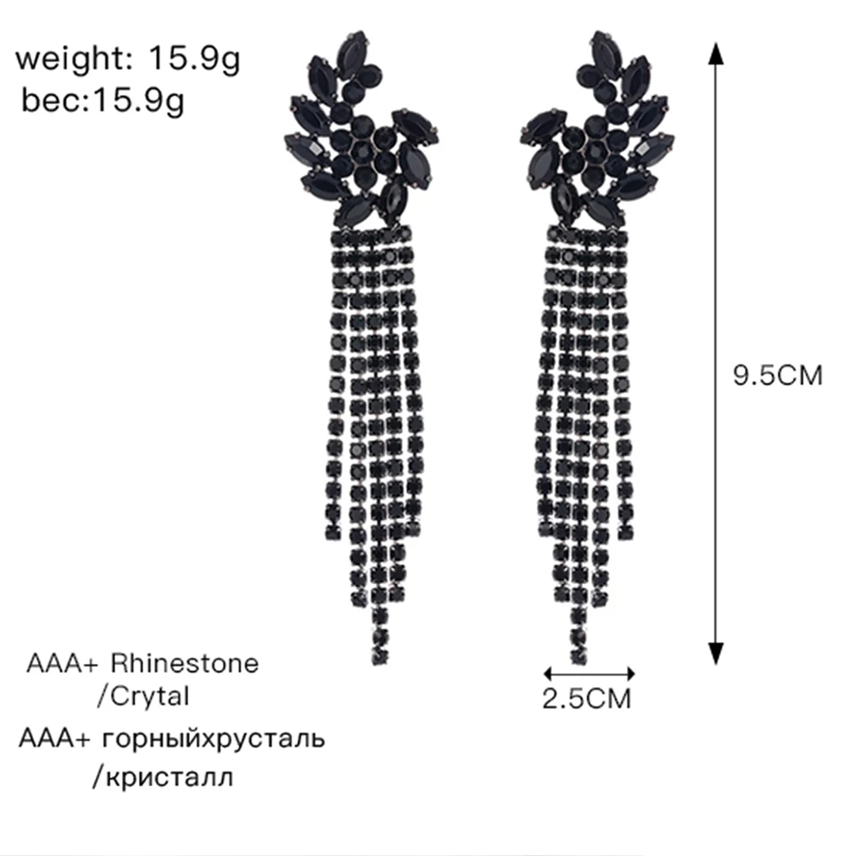 Черные серьги с кисточками со стразами для женщин, цветочные серьги с кристаллами для женщин, роскошные ювелирные изделия, длинные висячие серьги, вечерние серьги, подарок E604