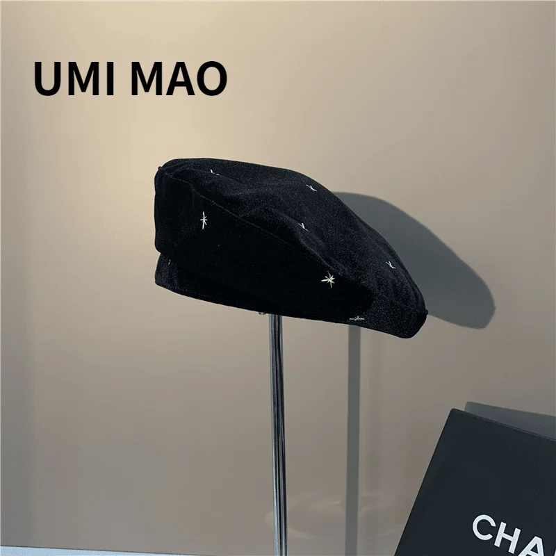 

UMI MAO Autumn Winter Warm Velvet Beret Pure Color Wild Embroidery Painter Hat Niche Light Luxury Age Reduction Pumpkin Y2K