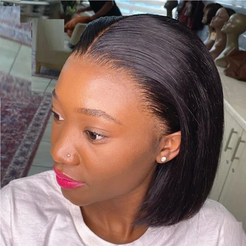 

Jet Black Short Bob 250 Density Lace Front Human Hair Wigs Brazilian Remy Preplucked Transparent Lace U part wig For Black Women