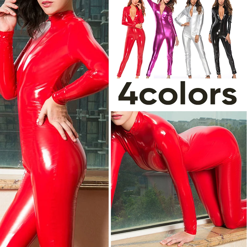 Zipper Romper Adult Bodysuit Nightclub Solid Color Sexy Women's Patent Leather Leisure Wet Look Bodycon Motor Costume