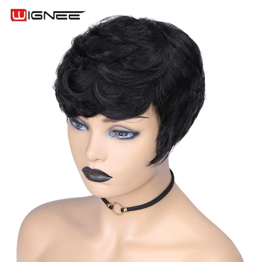Парики Wignee из коротких вьющихся человеческих волос с бесплатной челкой для