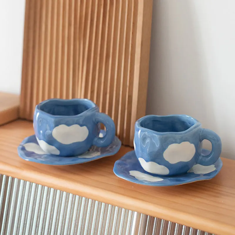 Japanese Hand Painted The Blue Sky and White Clouds Coffee Cup With Saucer Ceramic Handmade Tea Cup Saucer Set Cute Gift For Her