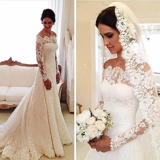 Exquisite Lace A-Line Wedding Dress Long Sleeves Sexy Off Shoulder Vintage Custom Made Sweep Train 2021 Bridal Gowns