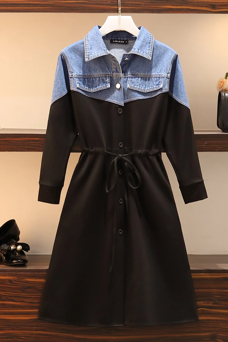 SuperAen Autumn New Pluz Size Women's Dress Wild Casual Fashion Denim Stitching Drawstring Ladies Dress Long Sleeve Dresses