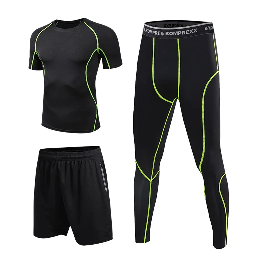 

Men Compression Sports Set 3 Pack with T-shirt Loose Fitting Shorts Tight Leggings Pants For Running Cycling Yoga Hiking Gym