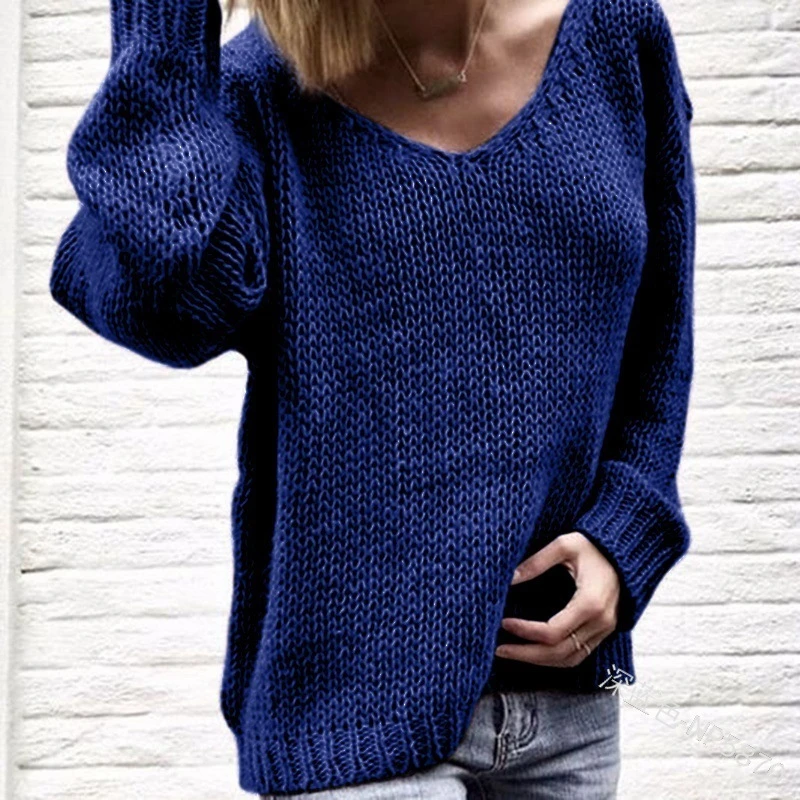Однотонные женские свитера с v-образным вырезом, пуловеры, осенняя модная Свободная трикотажная одежда, повседневные женские пуловеры размера плюс - Цвет: dark blue
