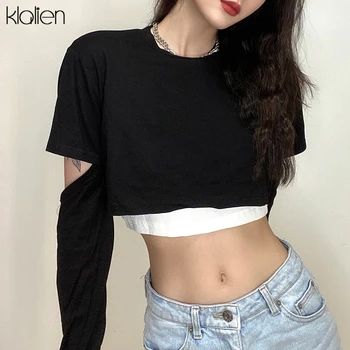 

KLALIEN fashion casual female t shirt summer black sweatshirt and white camis 2 pieces set cotton t shirt high street wild tee
