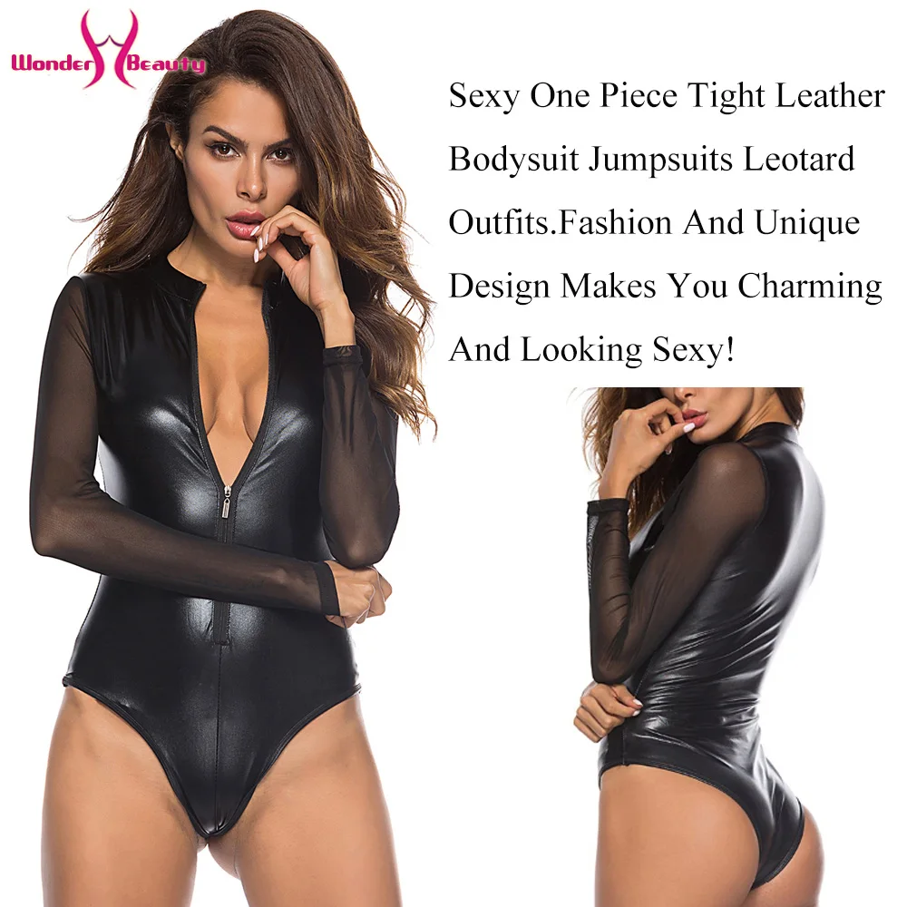 orange bodysuit Black Mesh Long Sleeve Faux Leather Bodysuit Zipper Women Plus Size 4XL PU Body Feminino Sexy Clubwear Party PVC Bodysuits red lace bodysuit