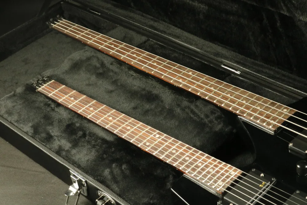 In Stock Headless Electric Guitar Bass T-01 Black Flamed Maple Top Double Neck Set In Neck Guranteed Quality Free Shipping