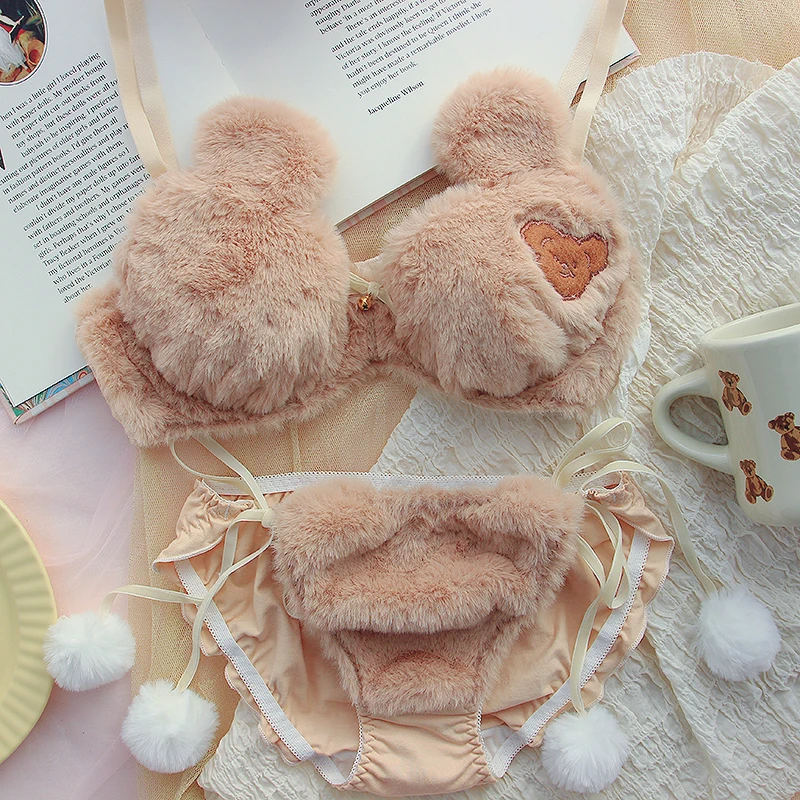 Plush Bear Bras Cute Japanese Lolita Girl Winter Thickened Bra Students Small Chest Gathered Underwear Bra and Panty Set bra and brief sets