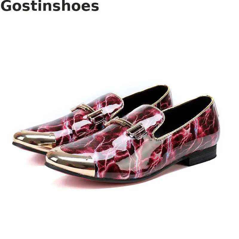 Men Loafers Red Genuine Leather Casual Shoes Round Toe Metal Capped Slip-on Fashion Low Heel Rubber Outsole | Обувь