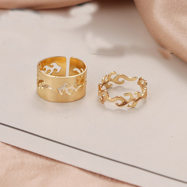 Gold Silver Color Flame Open Rings For Women Metal Adjustable Couple Ring Set Black Finger Jewelry Party Gift