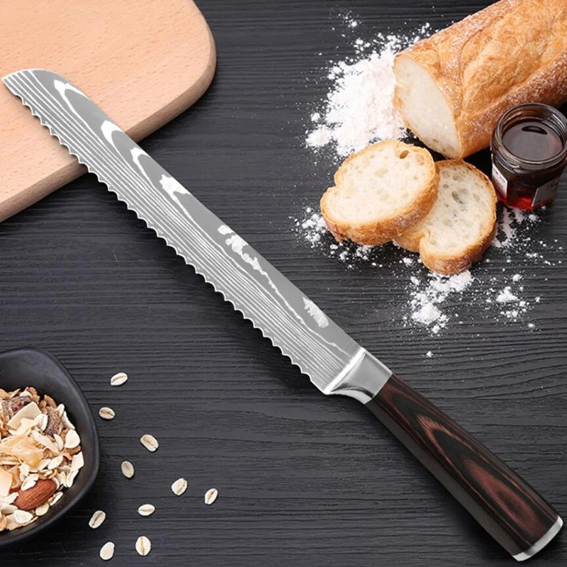 

Laser Damascus Stainless Steel Slicing Bread Knife 8 inch Kitchen Knives Serrated Design Cutter For Cutting Bread Cheese Cake