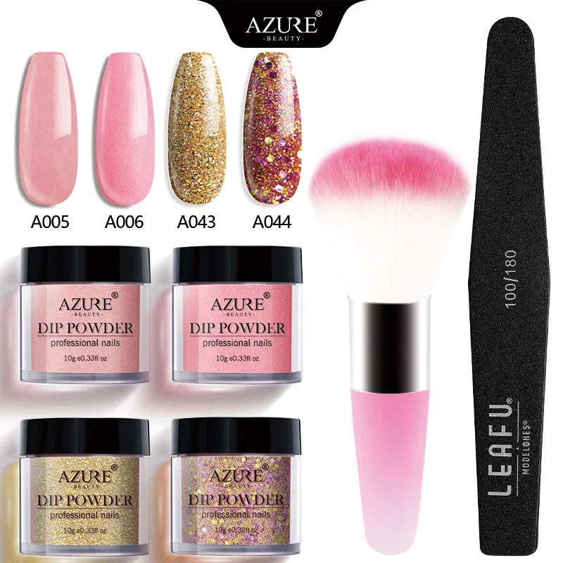 Azure beauty, 6 шт./лот, блестящая пудра для погружения, блестящая пудра для ногтей, термальные цвета, нужен базовый активатор, набор, натуральный, сухой, с кистью