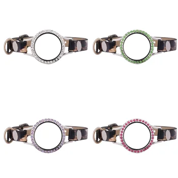 

5pcs/lot 25mm Different color crystals Locket 23cm Leopard print Single Wrap PU Leather Bracelets Wristband With 50pcs Charms