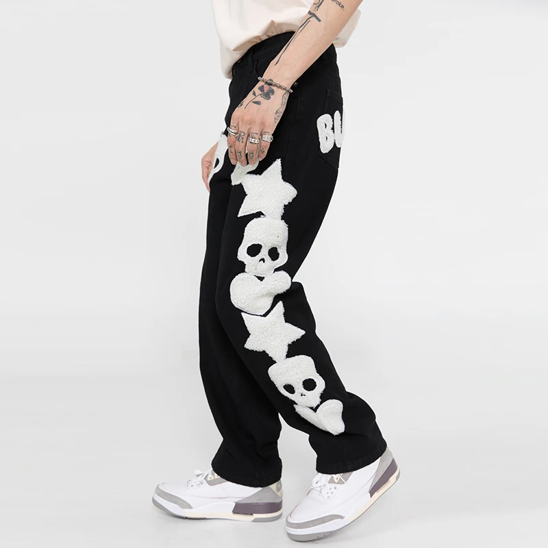 Jeans strappati ricamati con teschio e cinque stelle pantaloni da uomo  pantaloni Harajuku Vibe Style Streetwear pantaloni Casual in Denim Oversize| Jeans| - AliExpress
