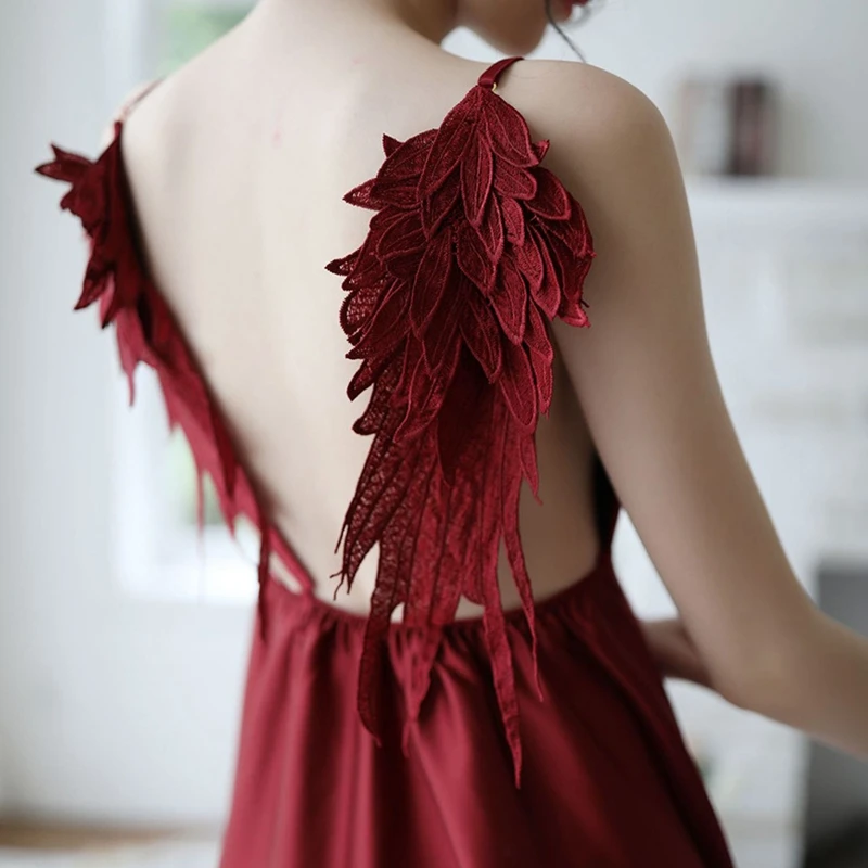 

Women Sexy Lingerie Silk V-Neck Nightgowns Backless Wings Nightdress Satin Sleepwear Nightwear Angel Wing Suspender Dress