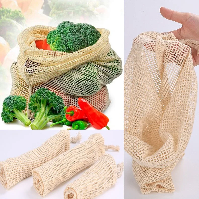 

Reusable Cotton Vegetable Bags Home Kitchen Fruit And Vegetable Storage Mesh Bags With Drawstring Machine Washable