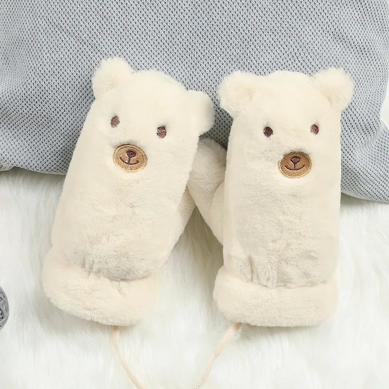 H10008 детские перчатки плюшевые теплые маленькие медведи варежки детские зимние уличные милые Висячие веревки корейские милые теплые толстые перчатки - Цвет: Beige